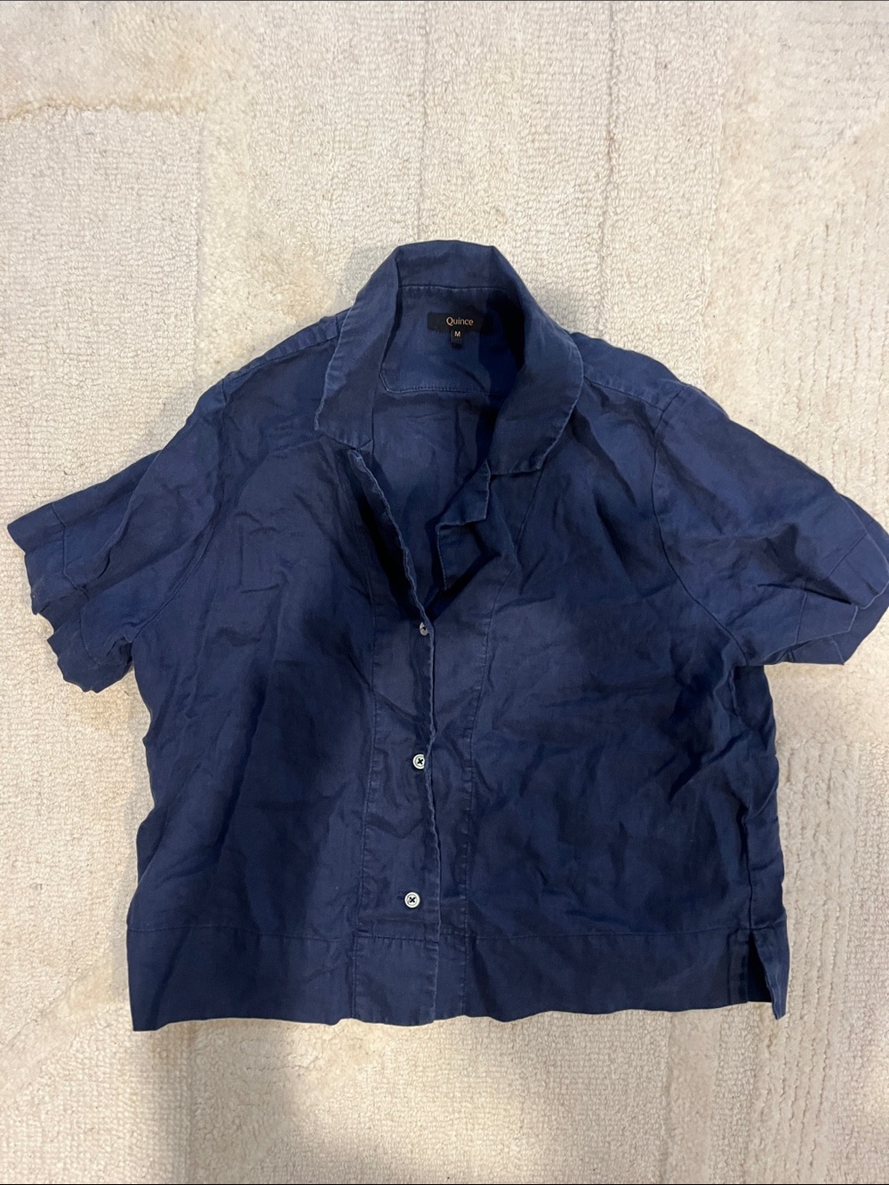 Quince Navy Short Sleeve Linen-Blend Shirt